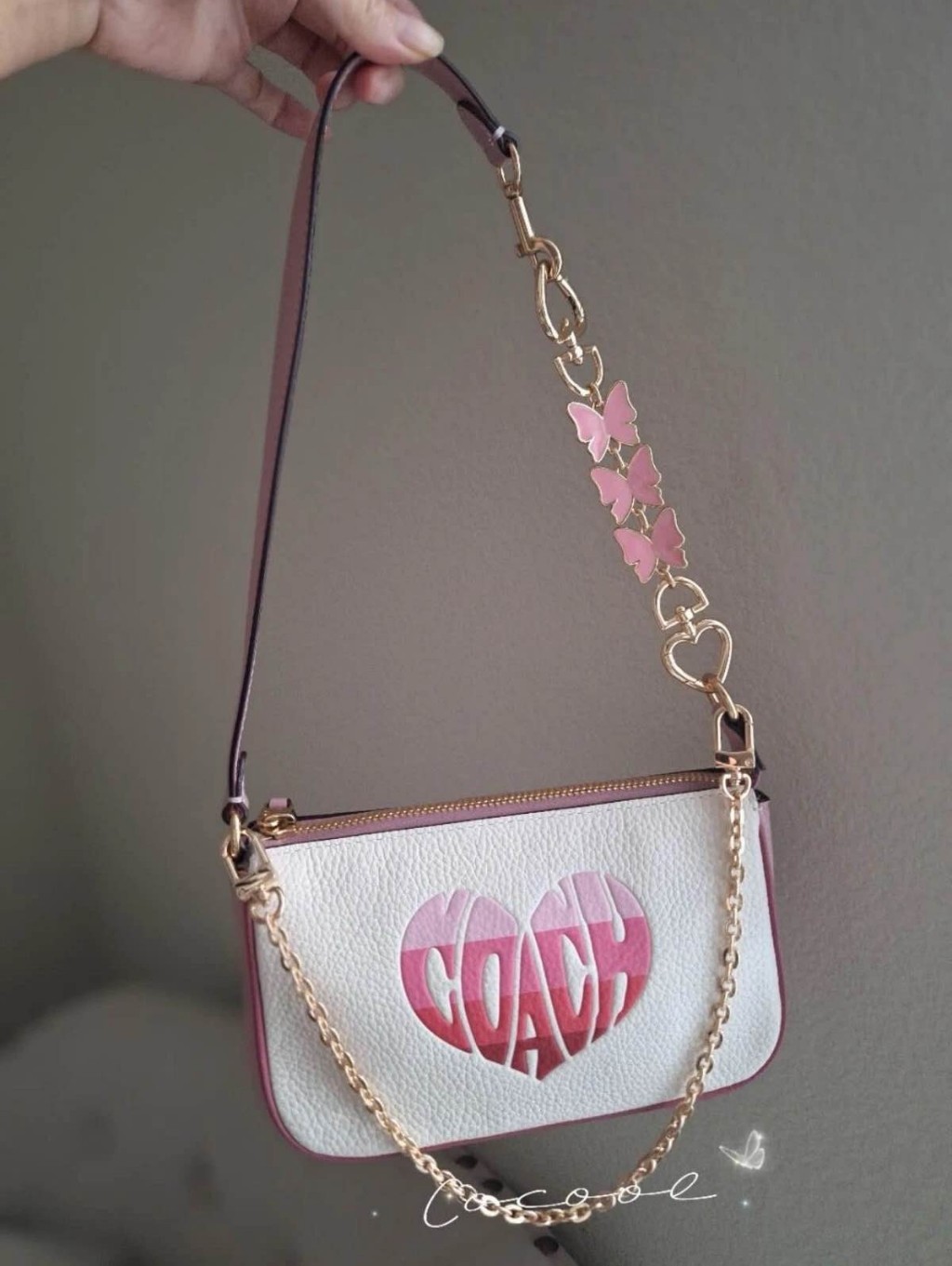 Nwt Coach Nolita 19 With Pink Stripe Heart Motif + Butterfly Chain